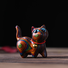 彩虹木雕刻可爱猫手把件彩虹歪头小猫迷你桌面摆件工艺品家居创意