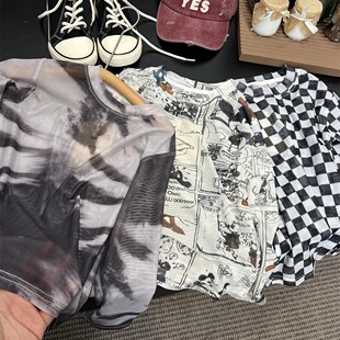 2024 summer children's ice silk sun protection clothing boys and girls cartoon tie-dyed stacked inner mesh bottoming shirt skin clothing
