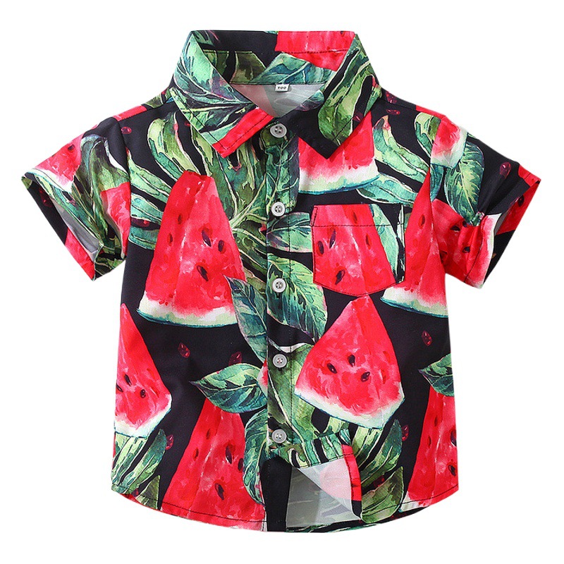Camisa de sandía de impresión digital de estilo de playa para niños Camisa de manga corta de vacaciones europeas y americanas para niños nueva ropa de verano para niños