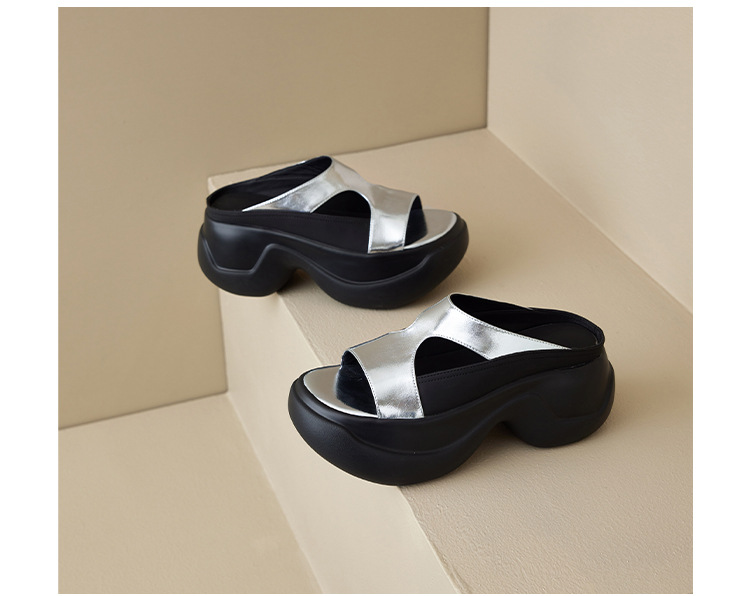 Dép xỏ ngón nữ đế dày da thật 8cm phong cách platform hở mũi — đen, bạc chi tiết 21