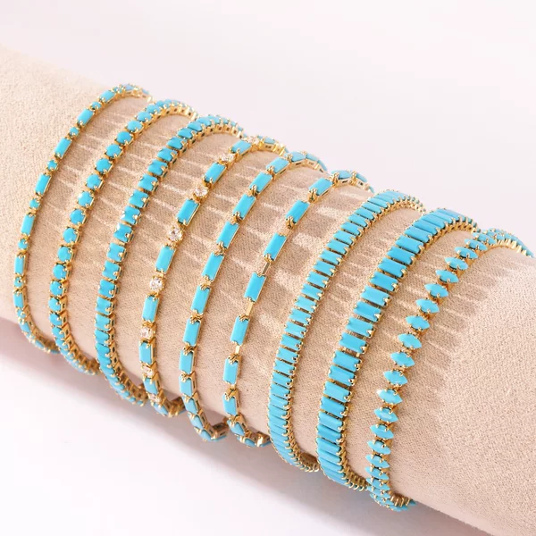 2026 Model 18K Gold-Plated European and American Cross-Border Blue Turquoise Full Diamond Claw Chain Bracelet, Trendy and Simple Style