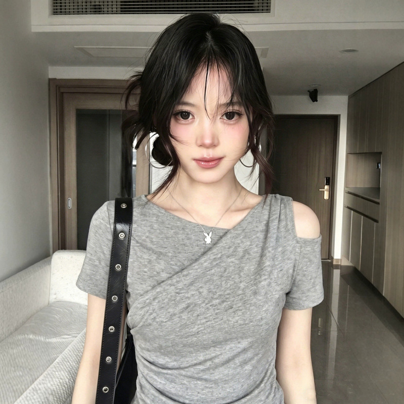 2026 Korean Style Pure Desire Gray One-Shoulder Slim-Fit Waist-Cinching Short-Sleeve T-Shirt Off-Shoulder Top Short-Sleeve 2026 Korean Style Pure Desire Gray One-Shoulder Slim-Fit Waist-Cinching Short-Sleeve T-Shirt Off-Shoulder Top Short-Sleeve