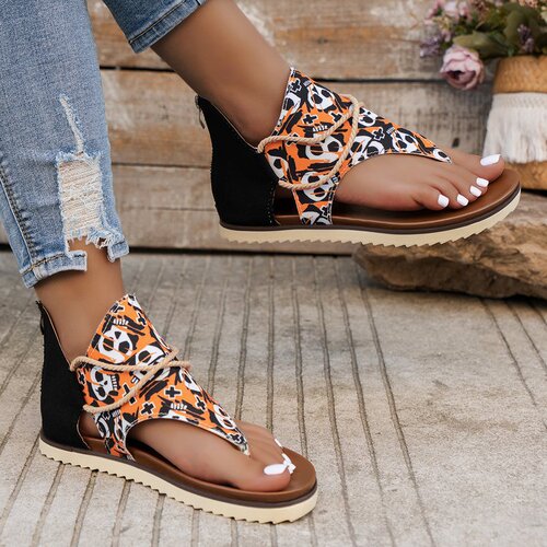 Large size sandals women's spring and summer new style clip toe print flat beach sandals Roman shoes