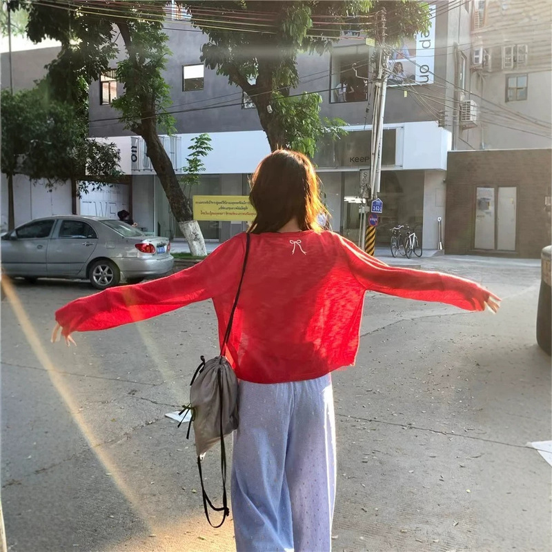 6798 # Red Ice Silk Sun Protection Cardigan for Women Summer Thin Outer Knitted Jacket with Bow Embroidered Back 6798 # Red Ice Silk Sun Protection Cardigan for Women Summer Thin Outer Knitted Jacket with Bow Embroidered Back