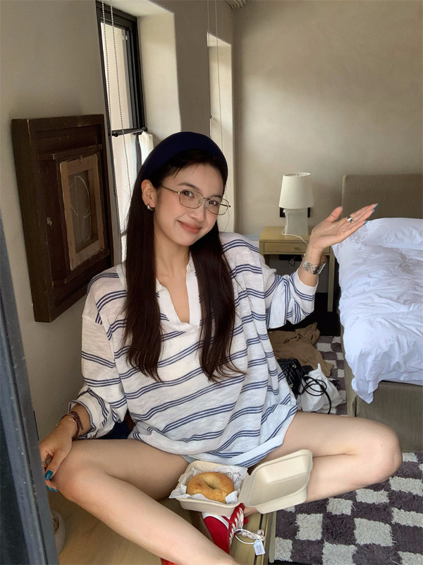 慵懒风上衣早秋韩系松弛感宽松休闲显瘦长袖T恤条纹翻领polo衫女|undefined