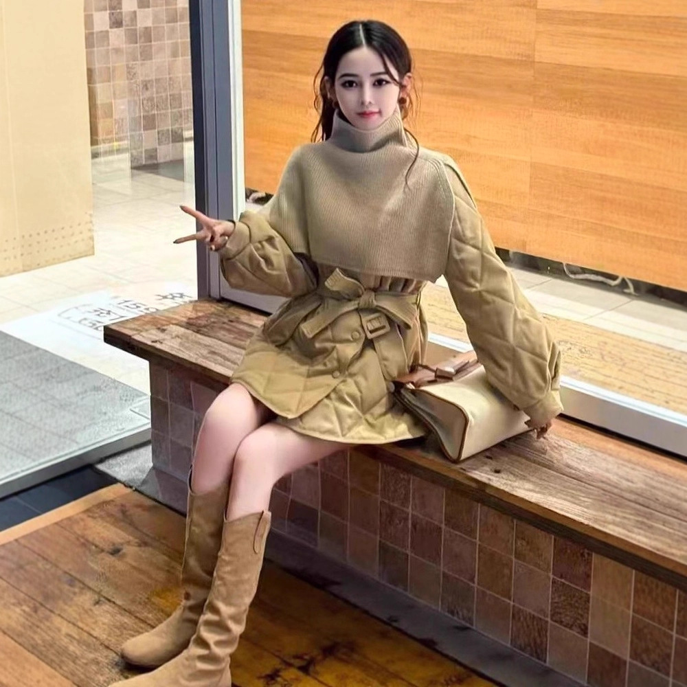 Korean Knitted Shawl + Waist-Cinching down Jacket for Women 2025 Winter New Loose Mid-Length Lace-Up White Duck down Jacket