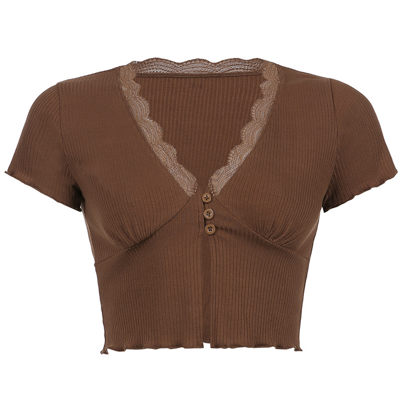 borde de encaje cosido breasted deep V autocultivo crop top Nihaostyles vendedor de ropa al por mayor NSSSN75556