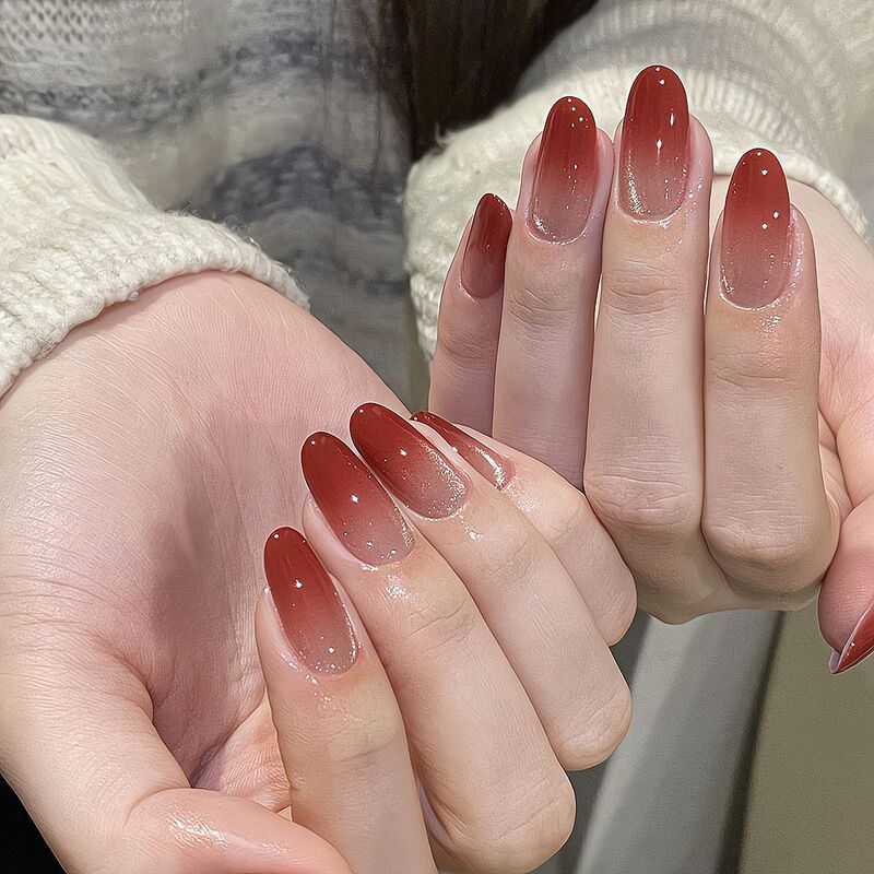 [Original by Ling Luo] French-Style Gentle Ice-Clear Cherry Red Cat Eye Gradient Handmade Nail Art Wearable Nails Wholesale