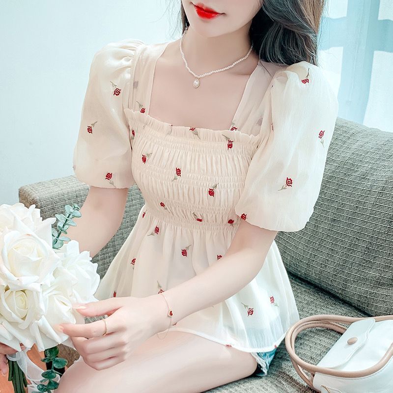 女性用シフォンガーゼトップス、夏の花柄半袖パフスリーブお腹カバー半袖Tシャツ、デザインスクエアネックシックシャツ|undefined