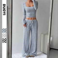 ヨーロッパとアメリカのクロスボーダーAmazon TK2025新しい女性のストライププルオーバー長袖+巾着ワイドレッグパンツスーツのリアルショット