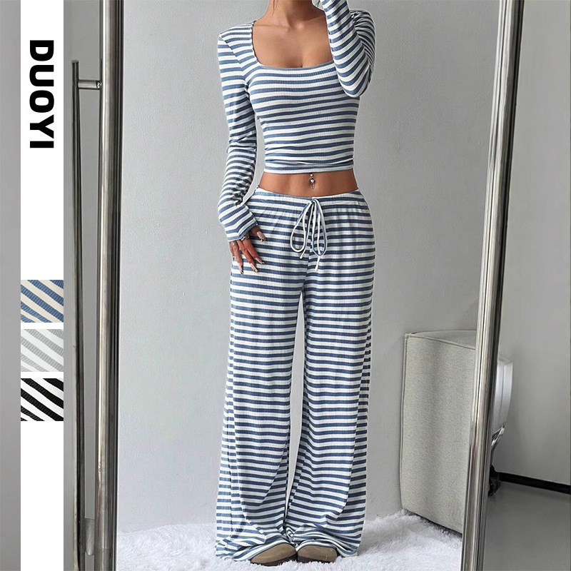 ヨーロッパとアメリカのクロスボーダーAmazon TK2025新しい女性のストライププルオーバー長袖+巾着ワイドレッグパンツスーツのリアルショット|undefined