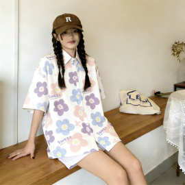 夏季彩色碎花短袖衬衫女宽松显瘦翻领上衣复古休闲甜美百搭衬衣潮