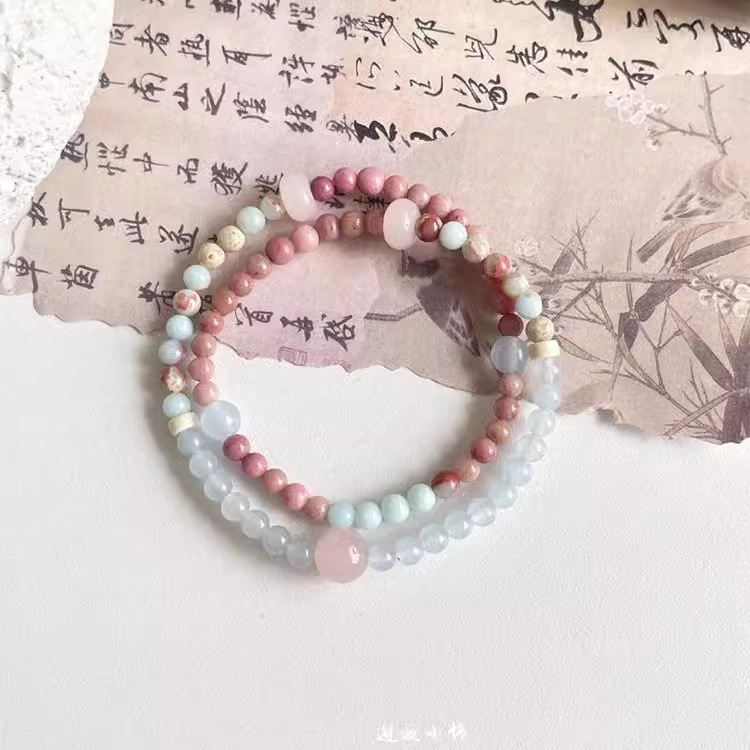 "Wine-stained Rose" Redstone Powder Crystal Beaded Bracelet Double-layer Design Shoushan Stone Light Luxury Refined National Style Bracelet