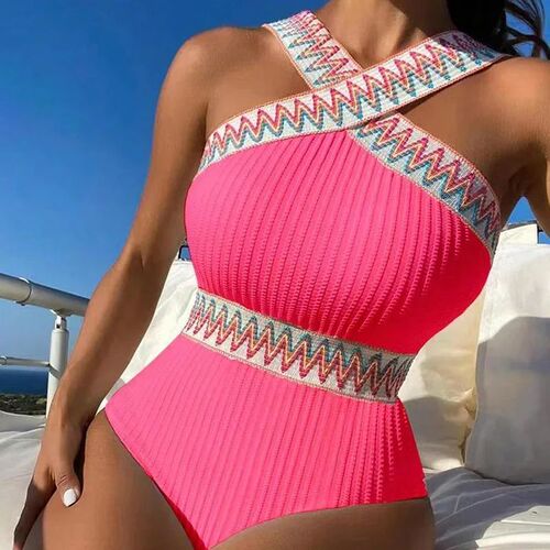 Women Striped One Piece Swimsuit Summer Padded Cross Strap S
