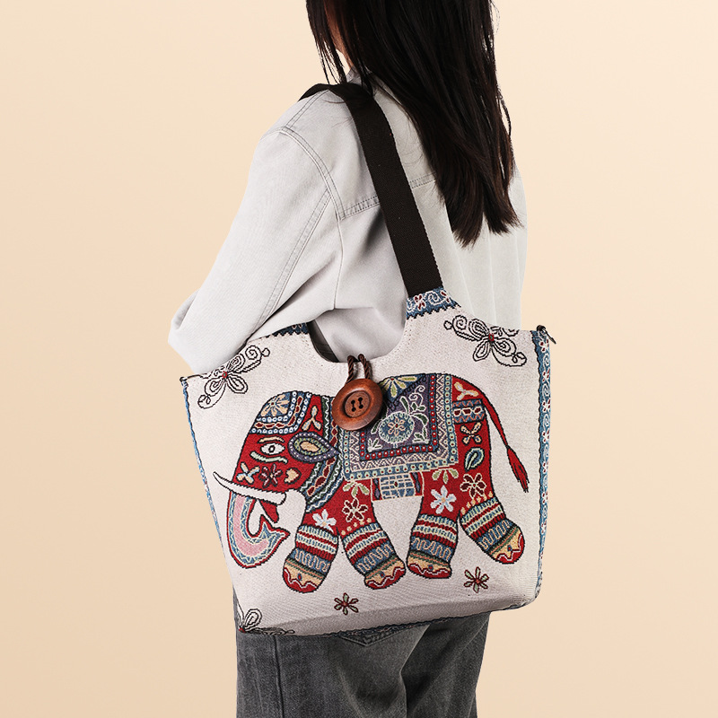 民族风单肩托特大容量泰国云南旅游拉链大纽扣帆布包大象猫咪刺绣