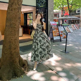 新中式复古水墨画碎花连衣裙女装夏季高级感小众吊带裙两件套