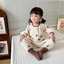 韩版春季儿童家居服套装男女童卡通图型华夫格Ａ类印花单长袖套装