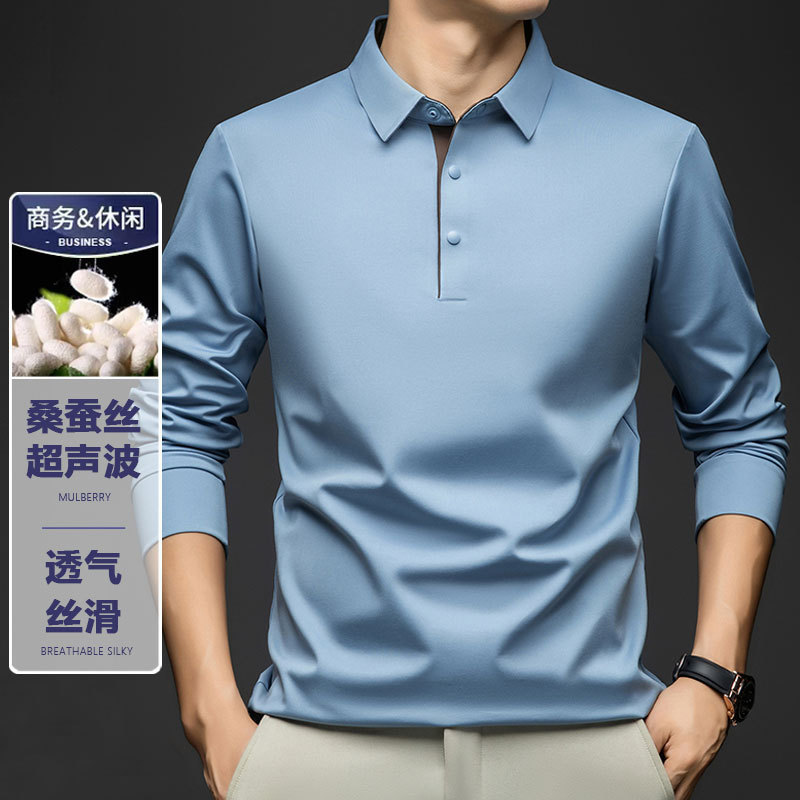 New Mulberry Silk Long-Sleeved Polo Shirt for Men, Seamless, High-End, Middle-Aged Casual 2025 Autum Long-Sleeved Men's T-Shirt New Mulberry Silk Long-Sleeved Polo Shirt for Men, Seamless, High-End, Middle-Aged Casual 2025 Autum Long-Sleeved Men's T-Shirt