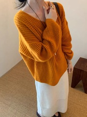 欧洲站2025早秋冬季新款韩系欧货V领镂空橘色羊毛针织衫女毛衣潮