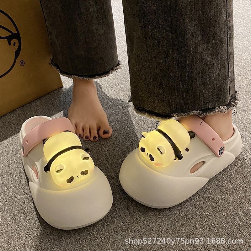 Explosive Internet-famous Panda Night Light Cave Shoes for Outer Wear Spring and Summer Non-slip Slippers for Height Increasing Baotou Cute Slippers with Light for Women