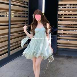 法式少女蝴蝶结薄荷绿色吊带短裙荷叶边连衣裙女小个子海边度假风