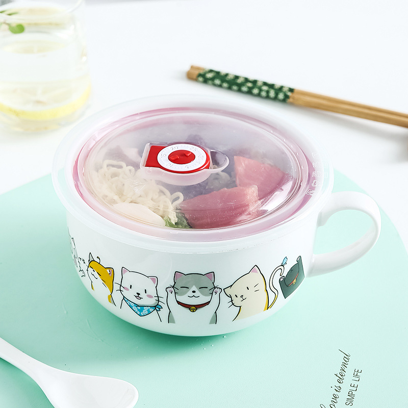 日式卡通创意陶瓷泡面碗带盖可微波炉饭盒学生宿舍大号方便面碗杯