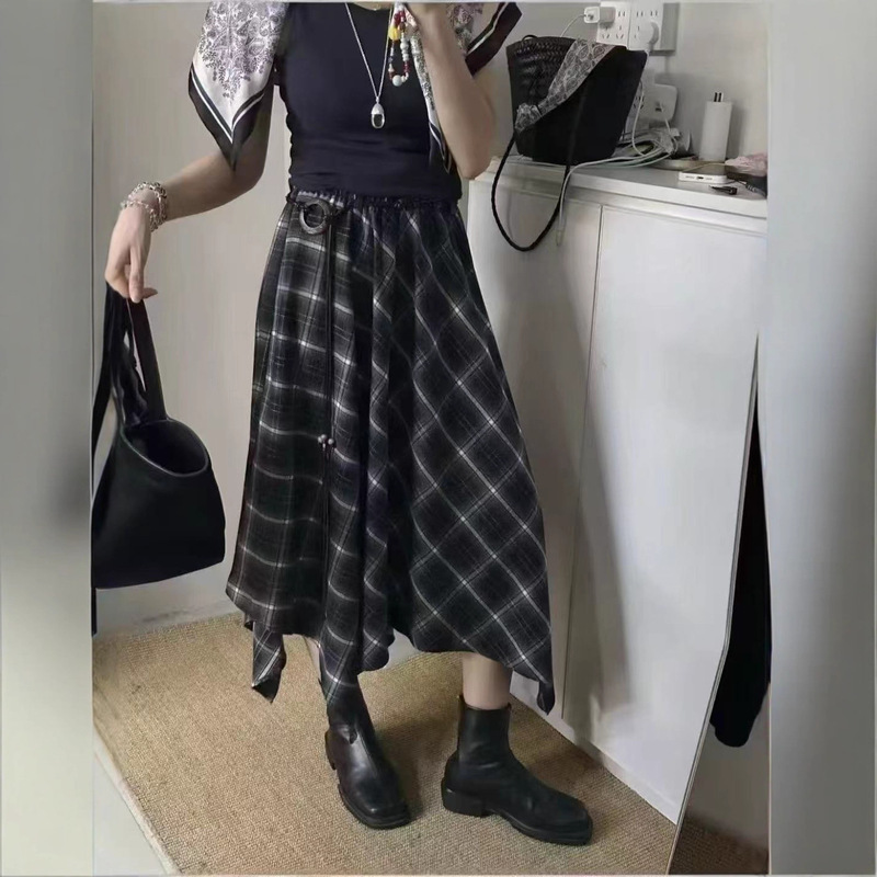 时尚复古格纹不规则半身裙女2025秋季新款系带高腰褶皱大摆裙ins|undefined