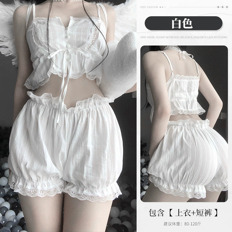 Ретро набор пижамы в кружевном стиле, женское нижнее белье в французском стиле, соблазнительная кружевная кружевная отделка шорт (белые)