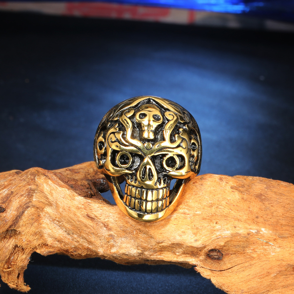 Holiday Occasion Titanium Steel Material Punk Skull Titanium Steel 18K Gold Plated Rhodium Plated Halloween Men'S Rings Punk Rings