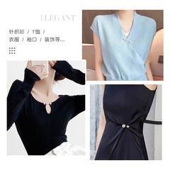 Sheer pearl one-piece front-fastening dress with cinched waist, collar, open jacket, brooch, double-headed pin, spiral clasp.