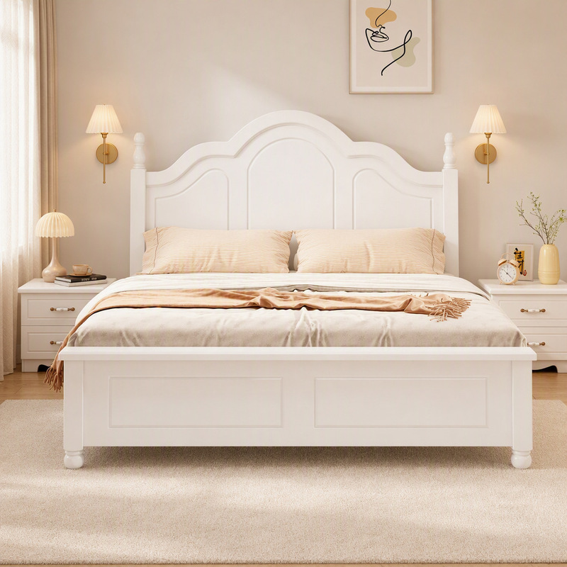 All-Solid Wood American-Style High-Box Storage Bed, Cream White Double Bed, Spherical Column Sealed Partitioned Storage Box