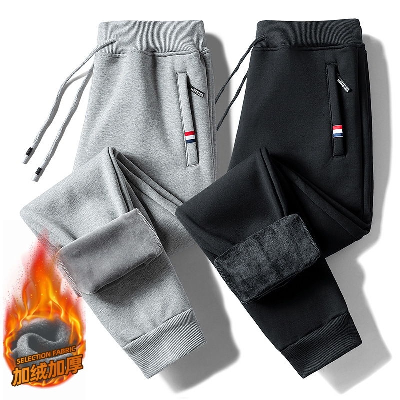Casual men's pants cotton spring, autumn and winter loose tight ankle-tied sports pants men's fleece-lined thickened plus size long pants