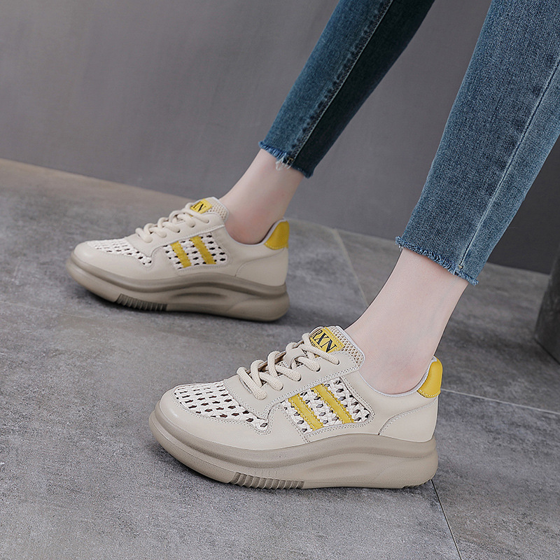 Giày sneaker nữ da bò lỗ rỗng đế dày thoáng khí mùa hè — đen