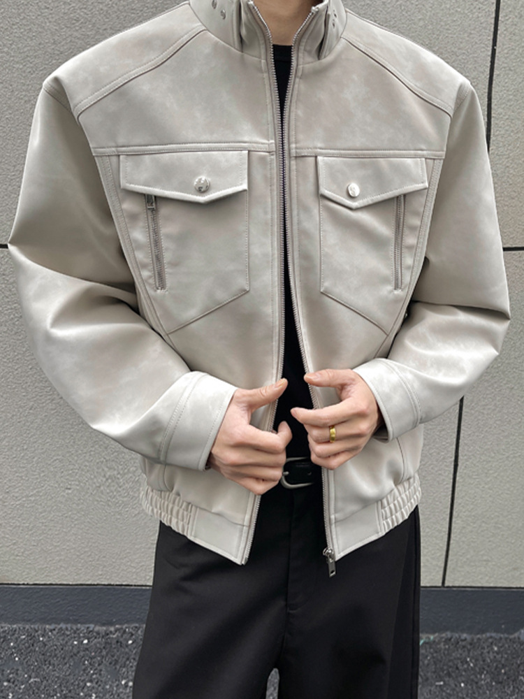 Men's American Retro Leather Baseball Jacket With Stand-up Collar_voghion.com