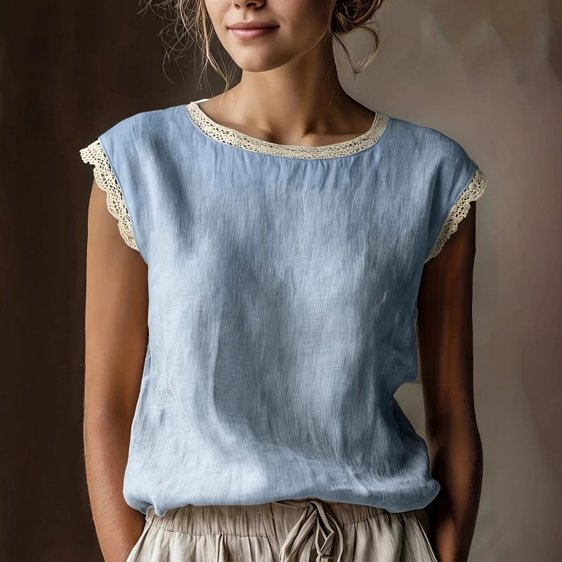 2026 Cross-Border European and American Women's Loose Linen Round Neck Solid Color Lace Splicing Sleeveless Shirt Short-Sleeved T-Shirt for Women 2026 Cross-Border European and American Women's Loose Linen Round Neck Solid Color Lace Splicing Sleeveless Shirt Short-Sleeved T-Shirt for Women