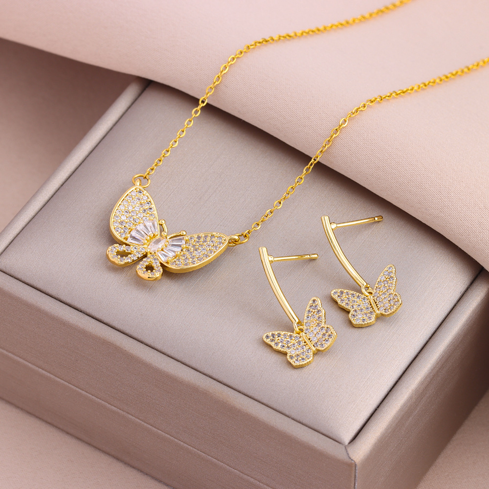 Nové dámské super flash zirkonové motýl přívěsek náhrdelník náušnice sada příslušenství_voghion.com