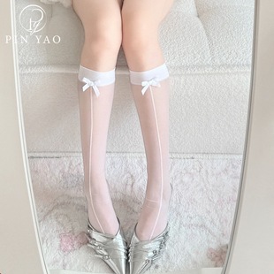 Internet Celebrity Pure Desire Black Silk Bow Shrimp Line Stockings Female Millennial Sexy Sexy Stockings Jk White Silk Over-The-Knee Socks