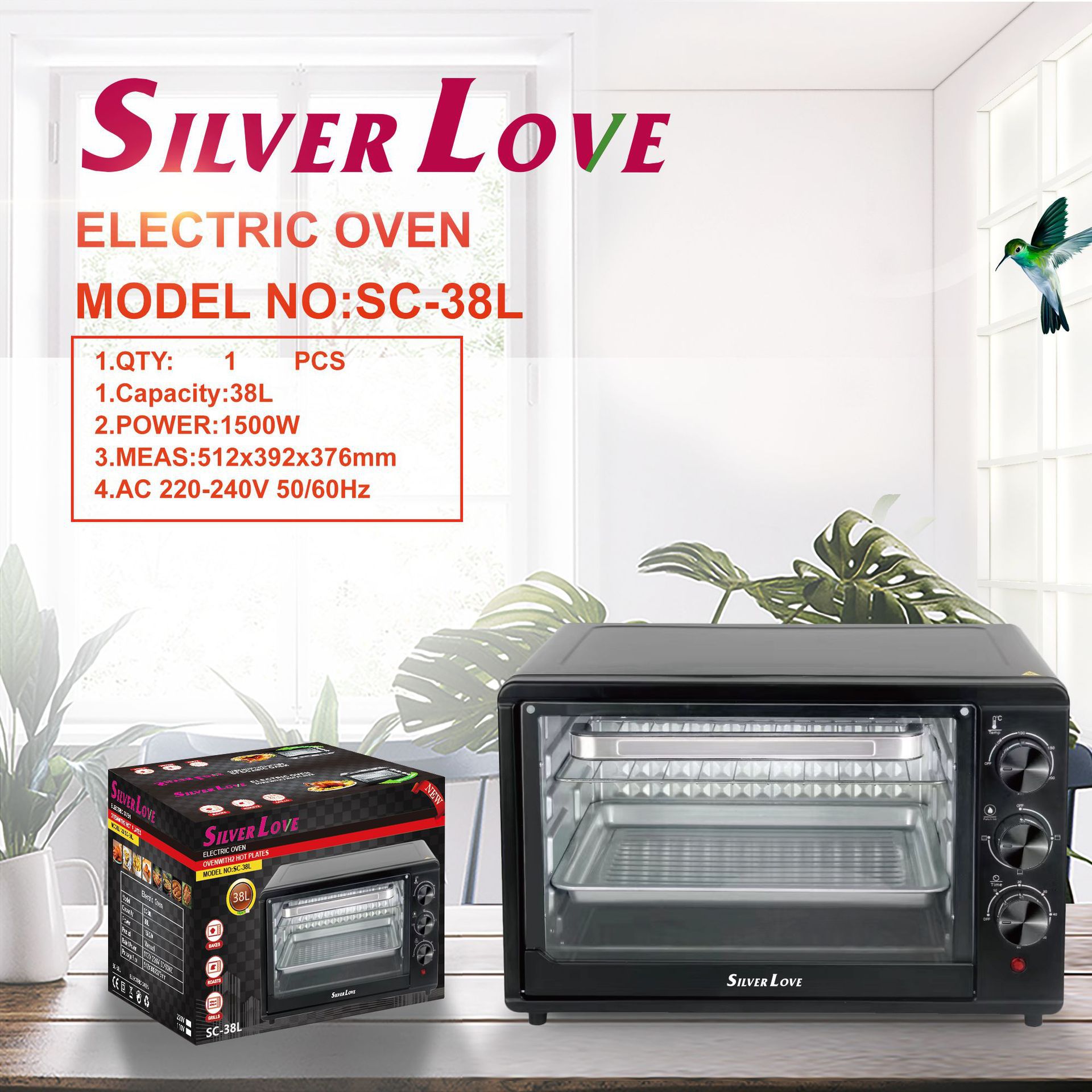 Exportación de comercio exterior 38L gran capacidad 1500W horno eléctrico doméstico multifuncional de alta potencia horno horneado doble