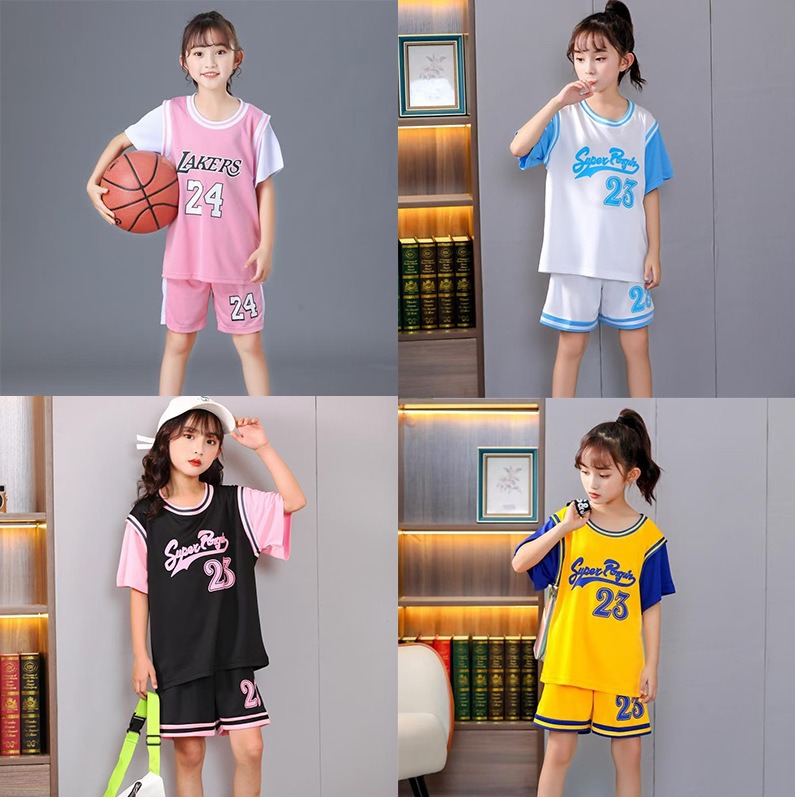 Summer Girls Basketball Uniform Suit Kidsren's Jersey Girls Pink Fake Two-Piece Short-Sleeved Girls Performance Suit with Sleeves