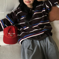 复古条纹polo领套头针织衫女2025秋冬季新款慵懒风翻领套头毛衣女
