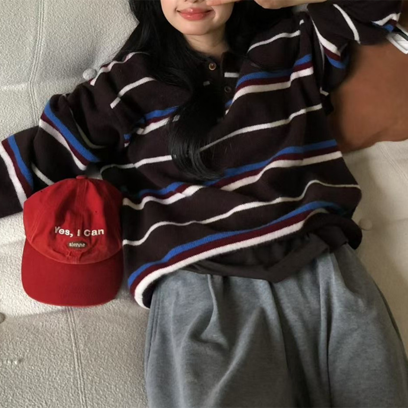 Kaning Retro Striped Polo Collar Pullover Knitwear 2026 Autumn New Women's Turn-Down Collar Pullover Sweater for Women