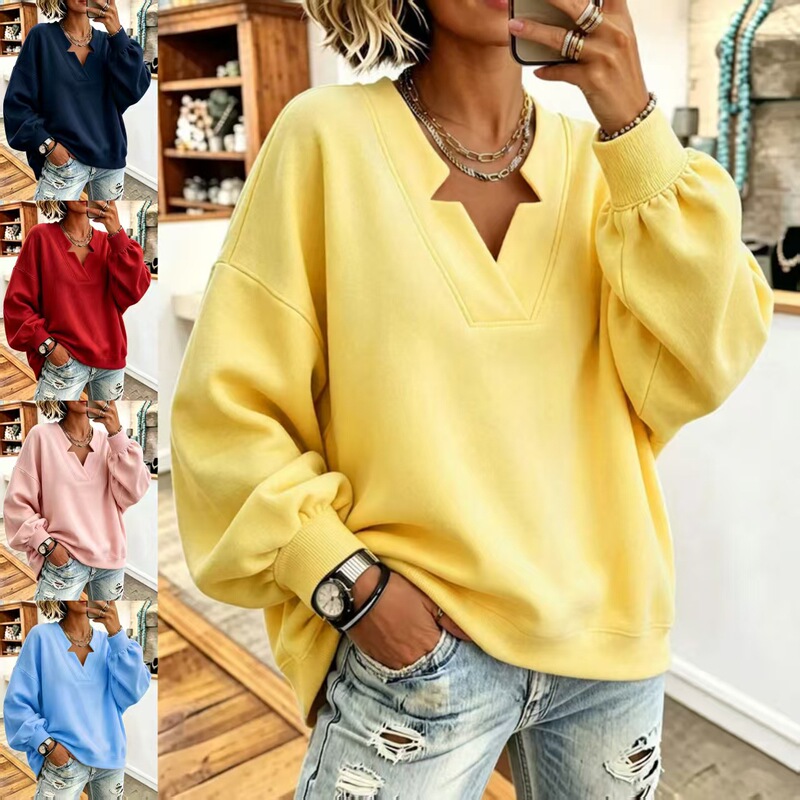 New European and American style women's tops, featuring comfortable ribbed cuffs, a V-neck, and a loose, casual fit. Available for individual drop shipping New European and American style women's tops, featuring comfortable ribbed cuffs, a V-neck, and a loose, casual fit. Available for individual drop shipping