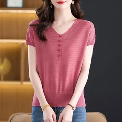 【在庫あり・即出荷】夏新作無地リヨセルテンセルVネックTシャツレディーススタイルゆったり着痩せニットショートパンツ