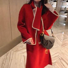 1108小香風套裝新款女秋冬名媛洋氣氣質紅色毛呢西裝冬裙兩件套