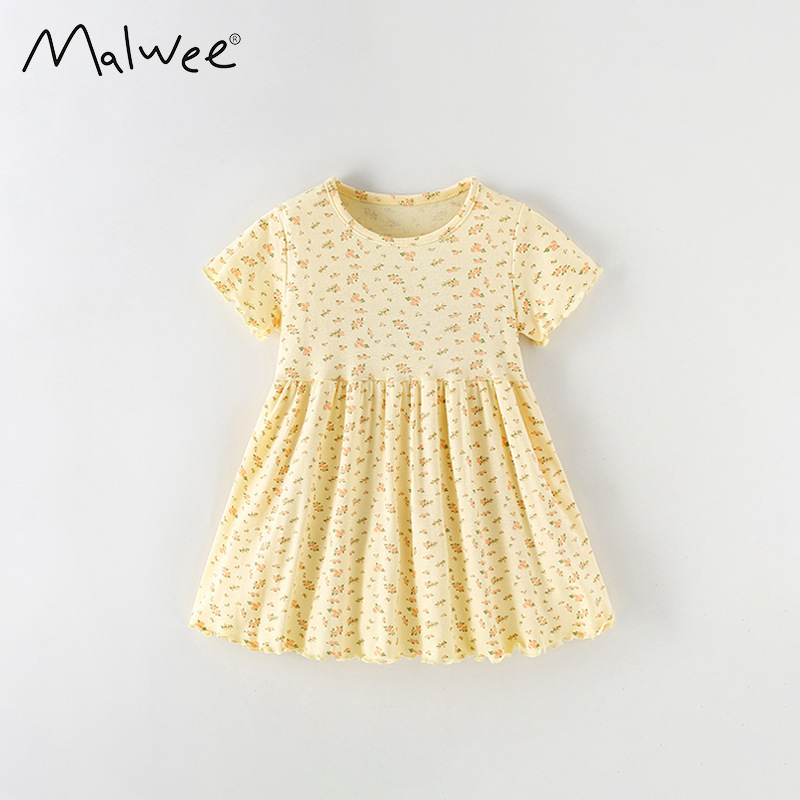 Malwee transfronterizo vestido de verano de niñas vestido lindo impresión de cuello redondo para niños europeos y estadounidenses suave estilo de piel