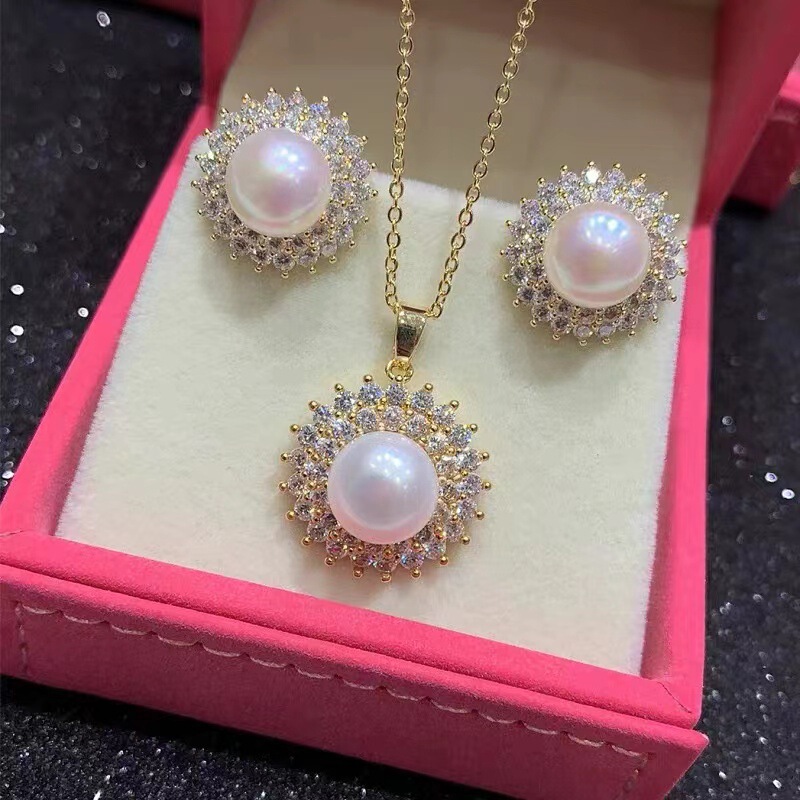 Pearl Sun Flower Necklace Earrings Ring Three-piece Cross-border Jewelry suit Clavicle Chain All-match European and American Fashion Women
