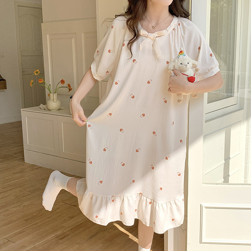 Cloud Cotton Nightgown Short-sleeved Knee-long New Style Skirt dress Loose Cute Nose Tether Bow