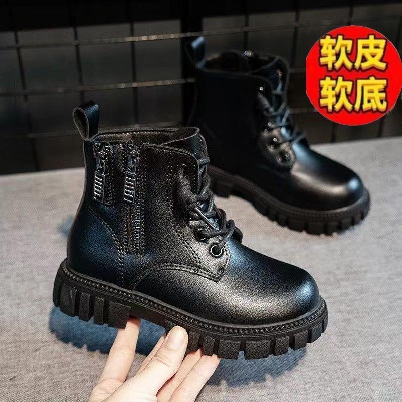 Children's Leather Boots Autumn and Winter British Style Fleece-Lined Style New Girls' Short Boots Leather Boots Black Boys' Cotton Boots