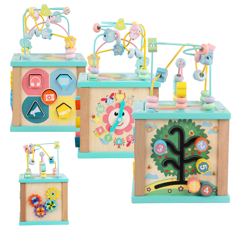 Caja de tesoro de cuentas multifuncional de cuatro lados de madera para niños juguetes de desarrollo de inteligencia de Educación Temprana a juego con forma infantil
