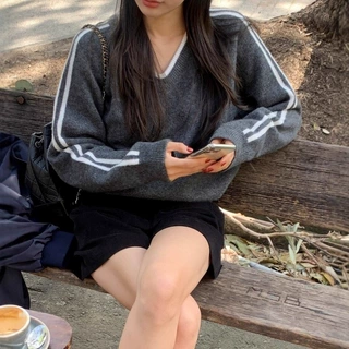 韩国chic秋季极简主义撞色拼接条纹V领宽松慵懒长袖针织衫外套女